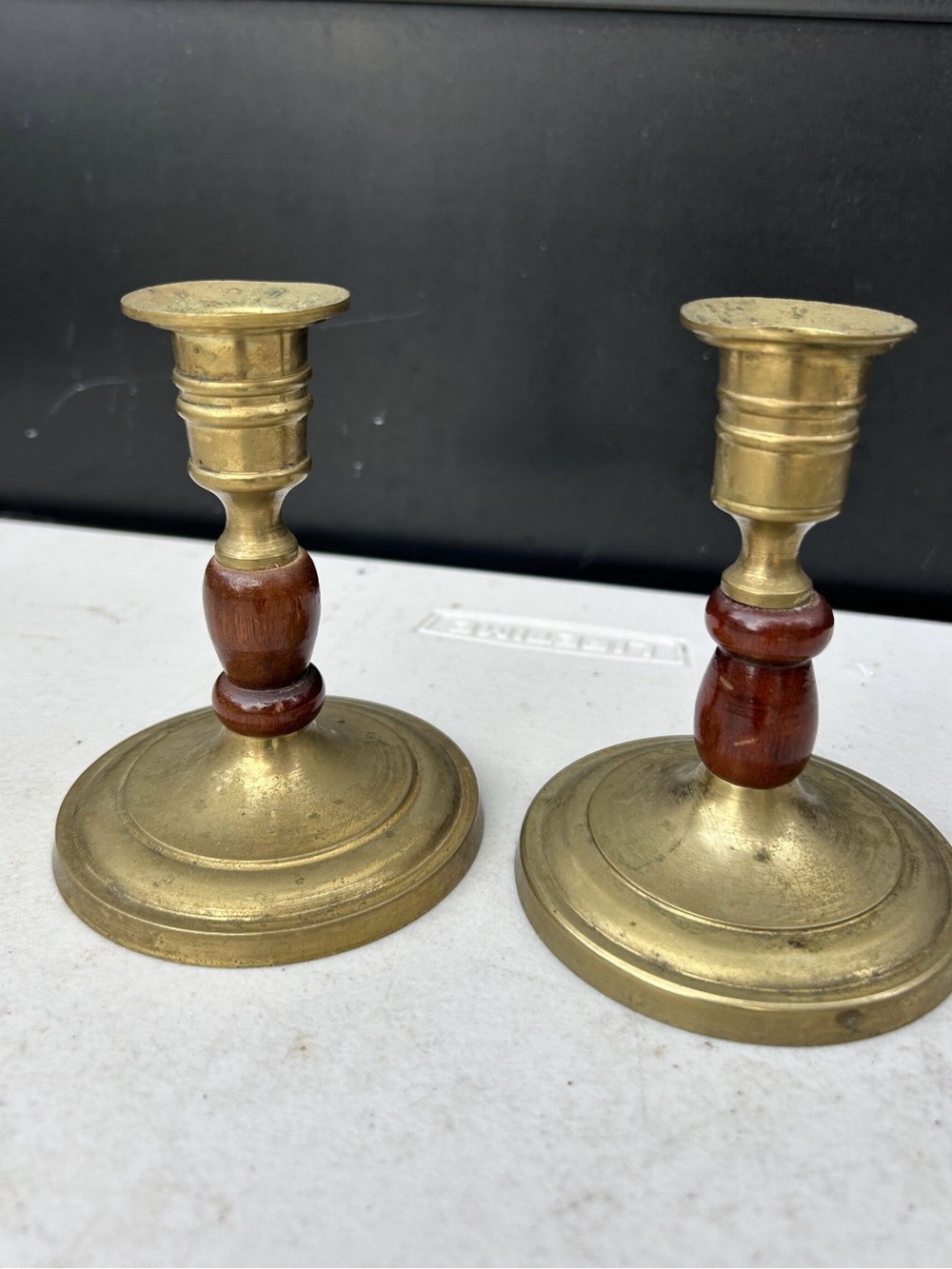 Pair of Vintage Brass and Wood Candle Holders